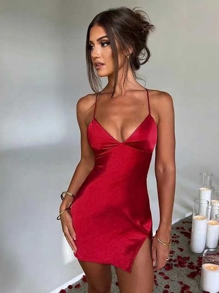 

backless mini dresses for women date rave outfits v neck chic lace up double layered satin night club party dress, Black;gray