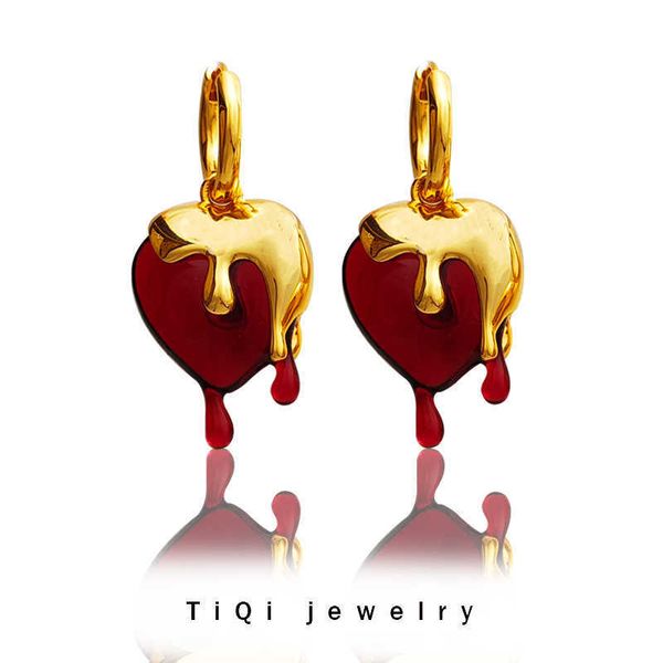 

copper plated true spring/summer new fashion red love earrings with lava droplet shape earrings t620, Golden
