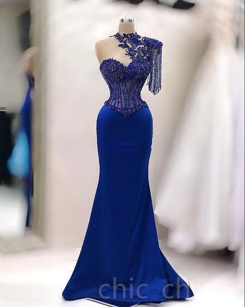

royal blue mermaid lace evening dresses beaded tassel stain arabic aso ebi fishtail prom occasion dress gece abiye elbiseler, Black