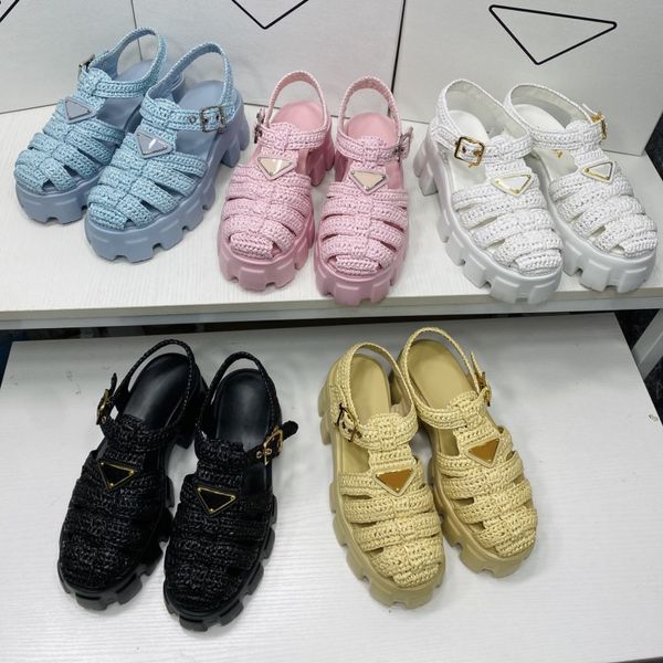 

monolith crochet cage sandal fabric raffia women platform slides triangle metal buckle weave straw espadrilles summer foam sandals dress sho, Black