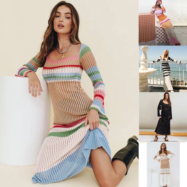 

2023 europe and the united states cross-border new striped color matching pullover knitted dress beach bikini smock long skirt, Black;gray