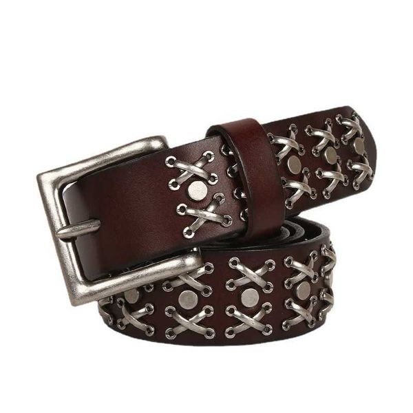 

designer belts new vegetable tanned head layer cowhide rivet needle buckle belt personalized knight women's belt, Black;brown