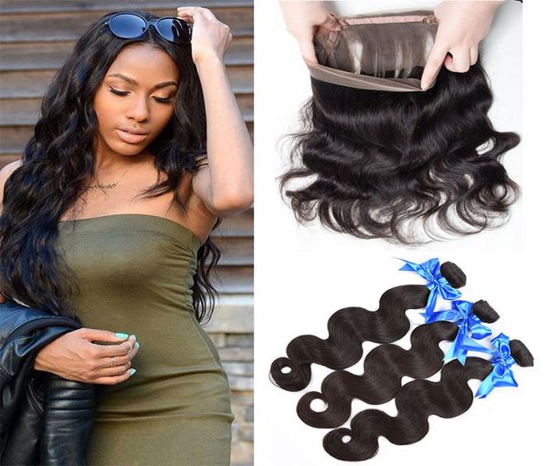 

brazilian body wave 360 lace frontal closure with bundles unprocessed remy human hair weaves extensions deals with frontal9371693, Black