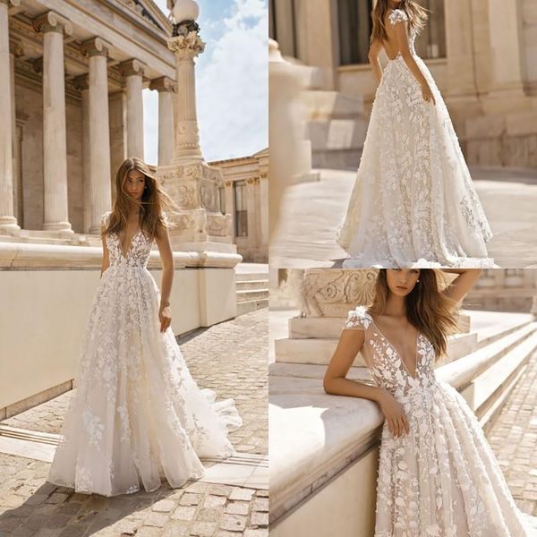 

berta beach wedding dresses 3d floral applique lace v neck sleeveless backless sweep train plus size bridal gowns robe de mariee, White