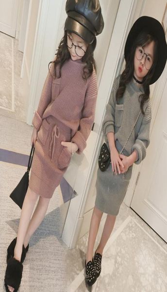 

kids knitted sets girls round collar knitting sweater pulloverlaceup package hip skirt 2pcs children princess set a45411796141, White