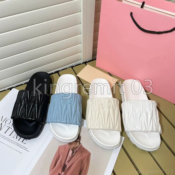 

designer slippers matelasse slides womens sandals leather nappa new ruffled square sandals multicolor open toe ladies flat sandal flip-flops, Black