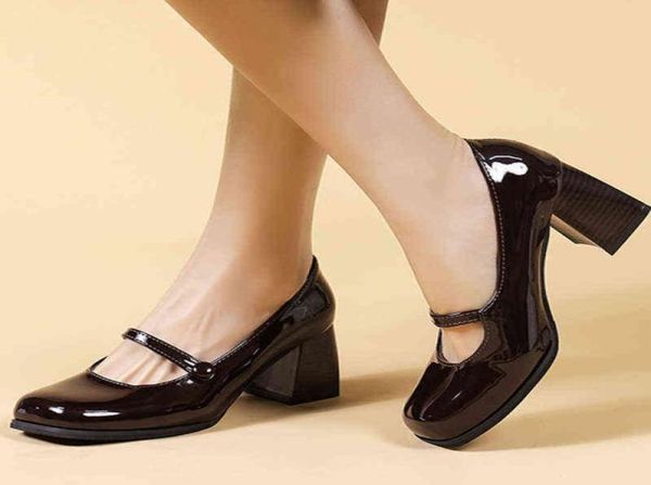 

dress shoes sandals british leather shoes mary janes buckle chunky heel office lady square toe high heels pumps for women 2204165117745, Black