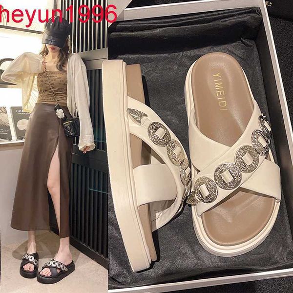 

fashionable and westernized thick sole 2023 spring cross metal buckle rhinestone casual outwear slippers, Black