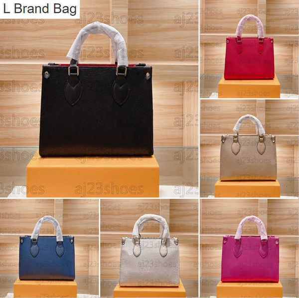 

l brand bag onthego pm 25cm tote bag embossed grained cowhide leather long shoulder strap crossbody business shopping letter flower patten l, Black