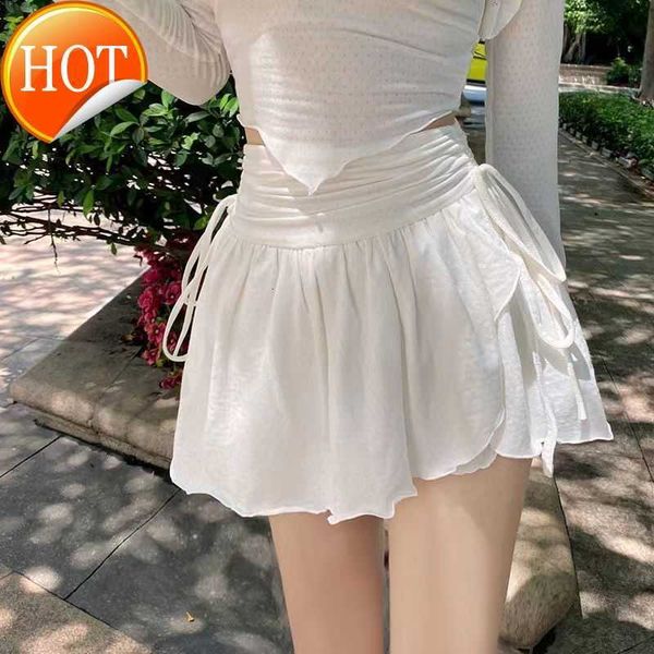

skirts houzhou cute white mini skirt women drawstring folds high waist irregular ruffle patchwork fairycore short mori girl 230311, Black