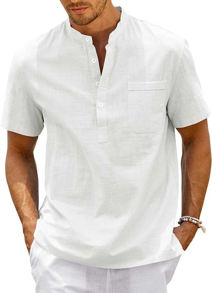 

enjoybuy men's linen henry shirt summer beach short sleeve loose t-shirt button lightweight clothing 1t2i 6h2l, White;black
