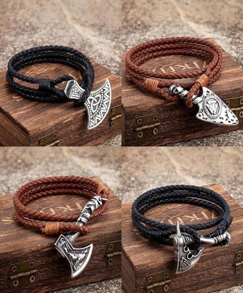 

charm bracelets vintage viking style genuine leather wrap men stainless steel norse rune amulet accessories icelandic handmade jew1235545, Golden;silver