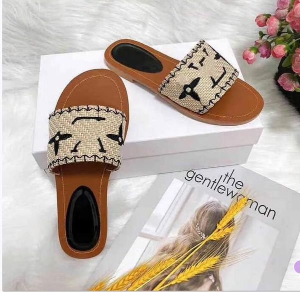 

fashion 2023 designer luxury new women's slippers red linen flat slippers size36-42 v63, Black