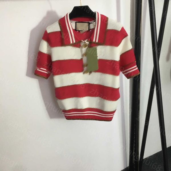 

23ss womens knits womens designer clothing double g letter hollowed out polo neck striped short-sleeved sweater womens clothes, White