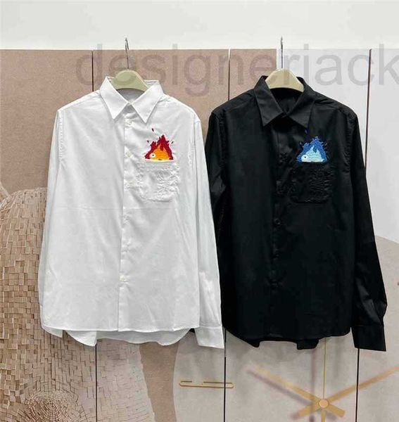 

women's blouses & shirts designer 2023 spring/summer new chest pocket flame embroidery men's loose, non picky, slim shirt obhe, White