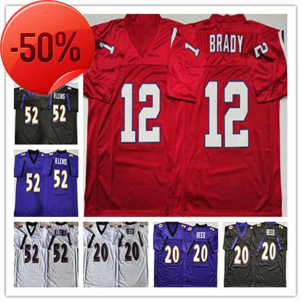

men college vintage football jerseys 12 tom brady 20 ed reed 52 ray lewis 24 champ bailey stitched black purple red blue retro uniforms, Black;red