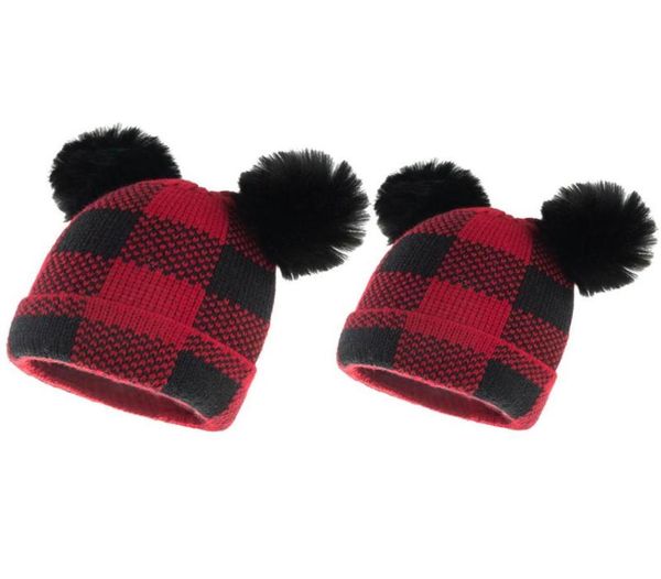 

caps hats 2021 winter plaided baby christmas hat fur ball parentchild knitted 2pcs warm beanie for mom gifts6621471, Yellow