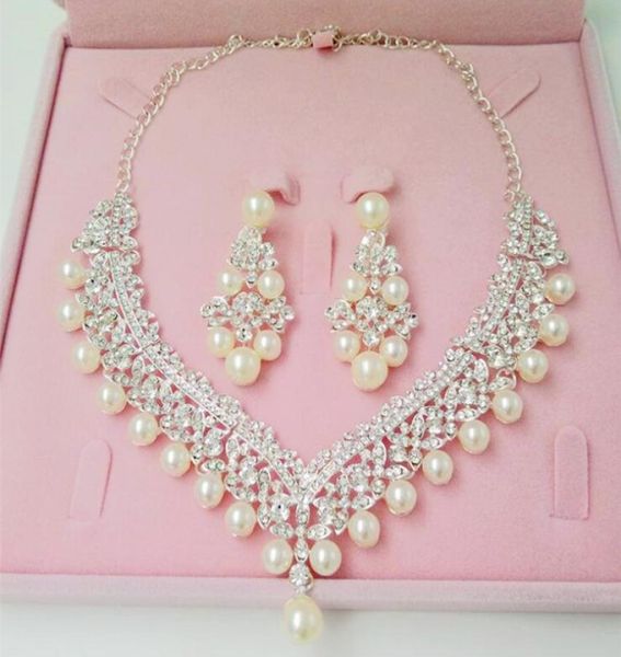 

luxury rhinestones bridal jewelry sets pearls silver crystals wedding necklaces and earrings for bride prom evening party accessor2697253, White