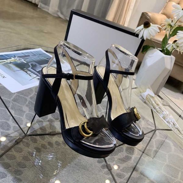 

black leather marmont platform heel sandal shoes double g 2023 stylist block high heels pumps peep toe ankle strap sandals brand new buckle