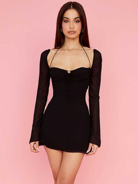 

summer outfits club party clothes lovely a line underwired long sleeve chiffon black mini dresses for women 2022, Black;gray