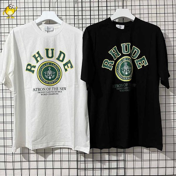 

men's hoodies sweatshirts summer rhude t-shirts men woman streetwear 2023 new hip hop round neck short sleeve badge letter cotton tee, Black