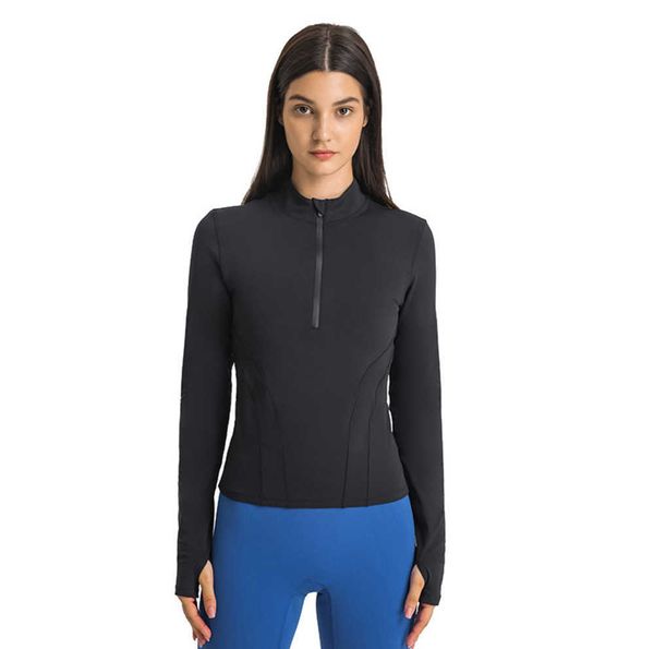 

206 half zip cropped sweatshirts womens yoga slim fit long sleeve shirts waist length sports jacket soft and warm fitness coat fashion st, Black