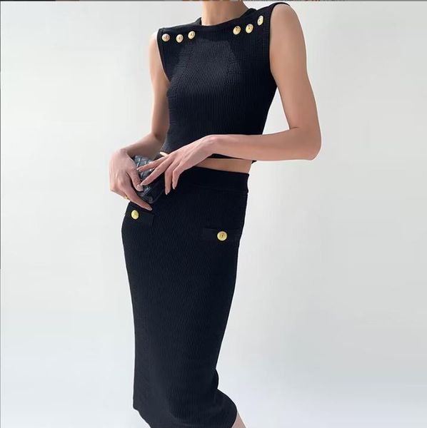 

516 2023 milan style spring summer brand same style two pieces sets short skirt black crew neck empire sleeveless dress yl, White