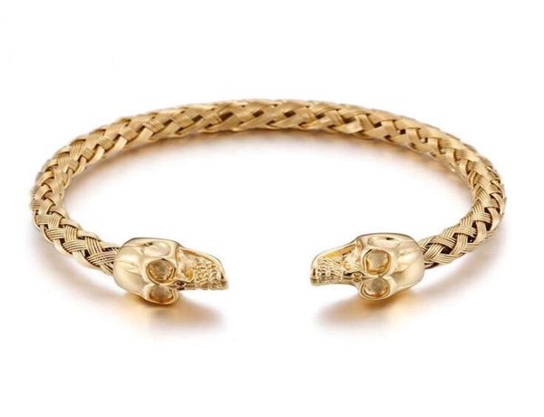 

punk rock skull skeleton mens bracelets bangles gold color stainless steel cuff wristband brazaletes men jewelry6080375, Black