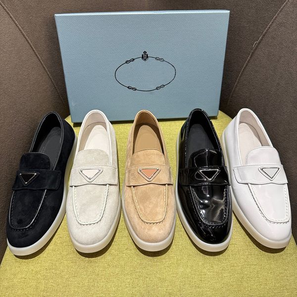 

suede loafers shoes apricot genuine leather women casual slip on flats luxury designers flat dress shoe slip-on triangle logo embellished fl, Black