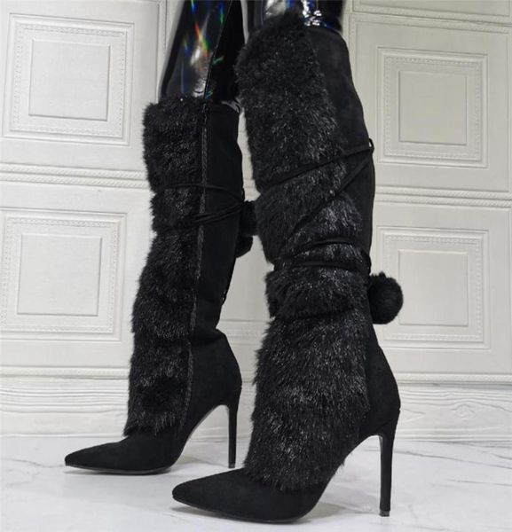 

boots ladies 2022 shoes black suede fur ball knee high women stiletto heel pointed toe metal lace up side zip5308104