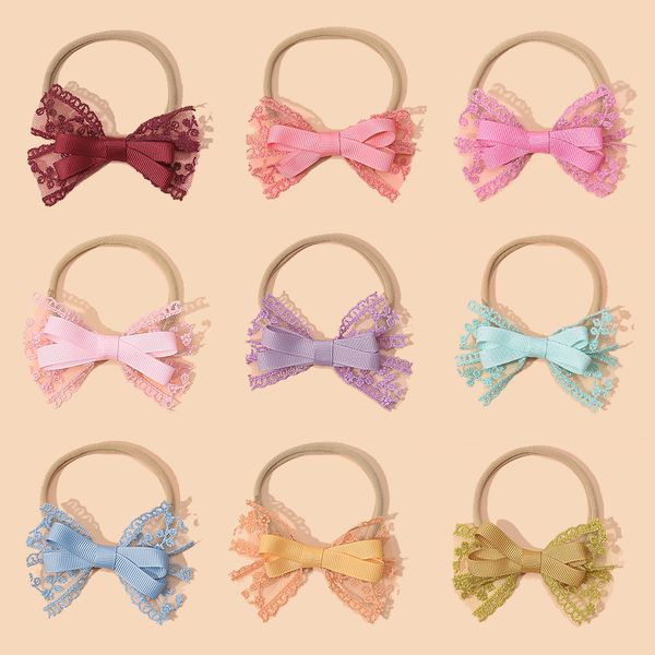 

princess baby girl lace embroidered headband summer spring kid headwear infant girls bow hair clips baby nylon headband, Slivery;white