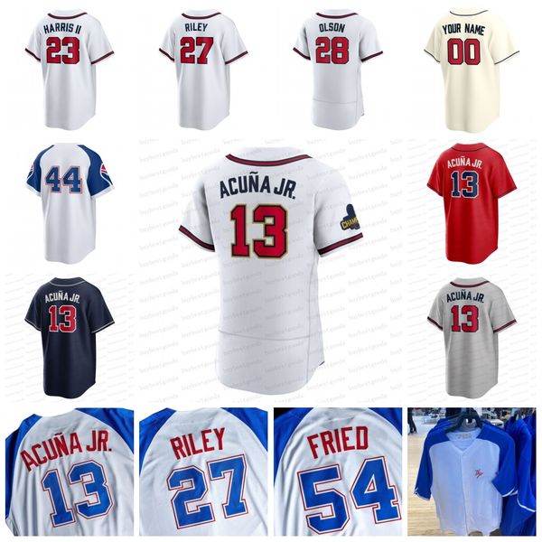 

2023 city connect baseball jersey ronald acuna jr. michael harris ii ozzie albies matt olson austin riley max fried spencer strider hank aar, Blue;black