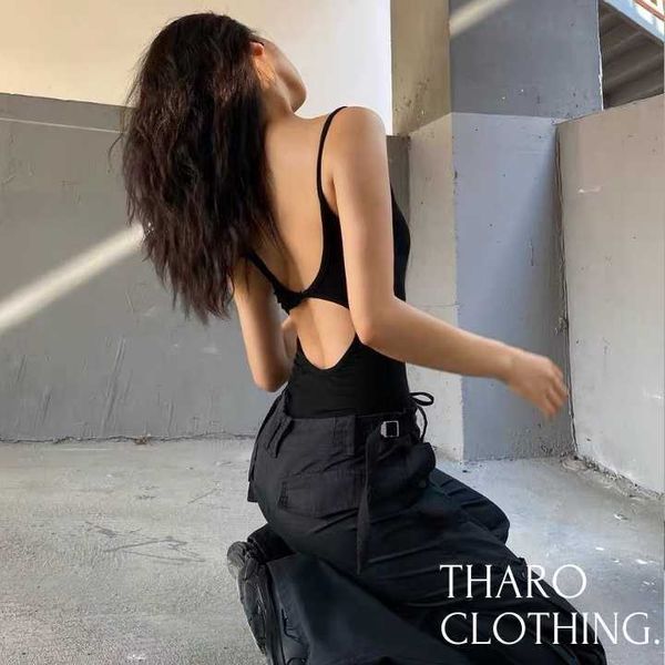 

bodysuit two straps backless round piercings tharo clothing, White;black