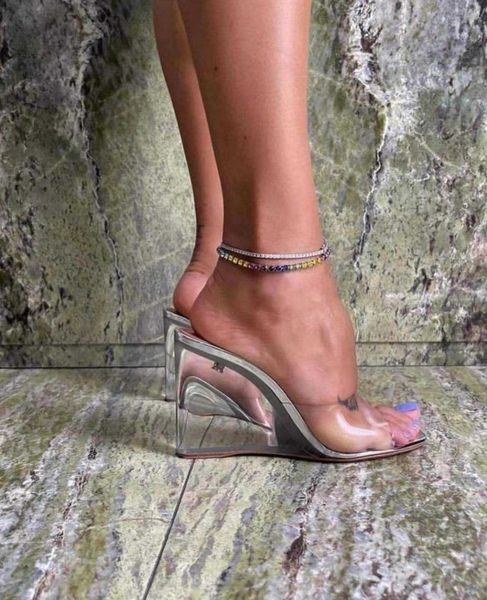 

transparent crystal heel slippers women's new summer amina fashion slope square head transparent sandals women 230526, Black