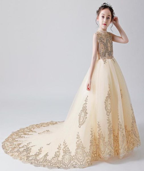 

elegant long trailing gold tulle girl pageant dress sequin first communion dress baby baptism gowns formal flower girl dress for w9736314, White;blue