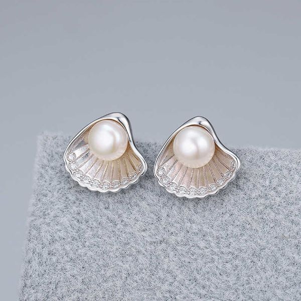 

pure silver shell earrings with freshwater pearl japanese-korean fashion simple earrings women's diy hollow stand, Golden