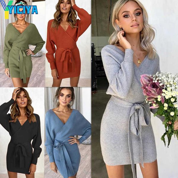 

yiciya autumn/winter knit dress v-neck long sleeve package hip mini temperament casual slim wear sashes, Black;gray