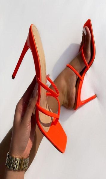 

summer black orange white thin heels slippers sandals women square toe mules beach leisure slides5153556