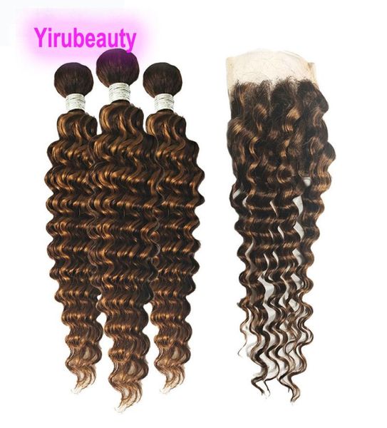 

brazilian human hair p427 deep wave 3 bundles with 4x4 lace closure baby hair piano color1563749, Black;brown