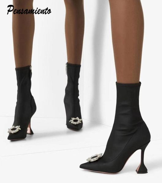 

2019 stretch women ankle boots comfortable pyramid triangle heeled office lady shoes elegant high heels sock boots 34421878362, Black