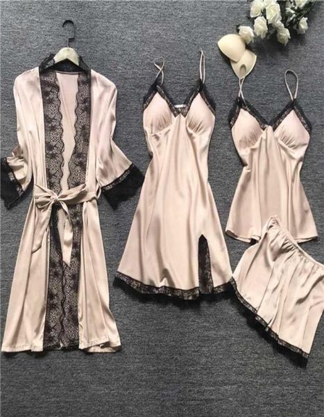 

women 4piece nightwear strap lace sleep lounge pajamas with chest pads women pajamas sets satin sleepwear silk home wear1181210, White;black