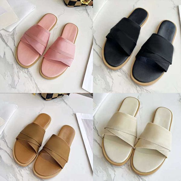 

fashion women designer sandals woody flat sandal lettering slippers calfskin canvas cross straps shoes summer beach outdoor leather sole sli, Black