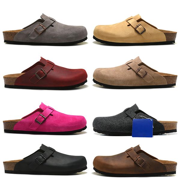

2023 boston clogs slippers oiled leather bag head pull suede cork outdoor autumn winter sandals platform luxury fashion womens mens sliders, Black
