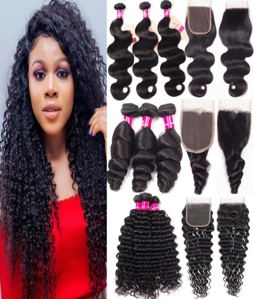 

9a brazilian virgin hair bundles with closure 4x4 lace closure 100 unprocessed body wave deep wave straight human hair bundles wi5284407, Black;brown