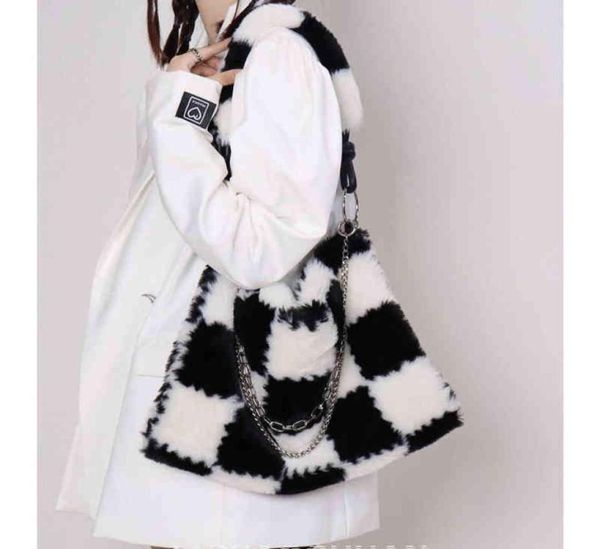 

checkerboard design women soft plush shoulder bag fashion ladies faux fur chain handbags large capacity female furry tote bags4571224