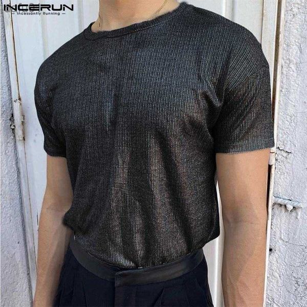 

men's t-shirts incerun men t shirt solid color pleated o-neck short sleeve streetwear casual men clothing 2023 shiny fashion camisetas, White;black