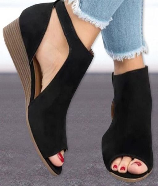 

ariari woman wedge buckles fish mouth sandals gladiator women sandals mid heel sandals ladies spring summer peep toe women shoes y4553436, Black