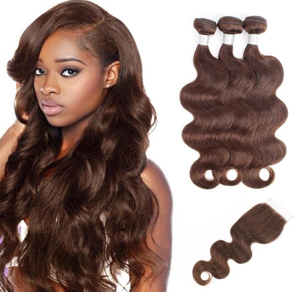 

kiss hair body wave color 4 chocolate brown color 2 dark brown 3 bundles with lace closure raw virgin indian remy human hair1275695, Black;brown