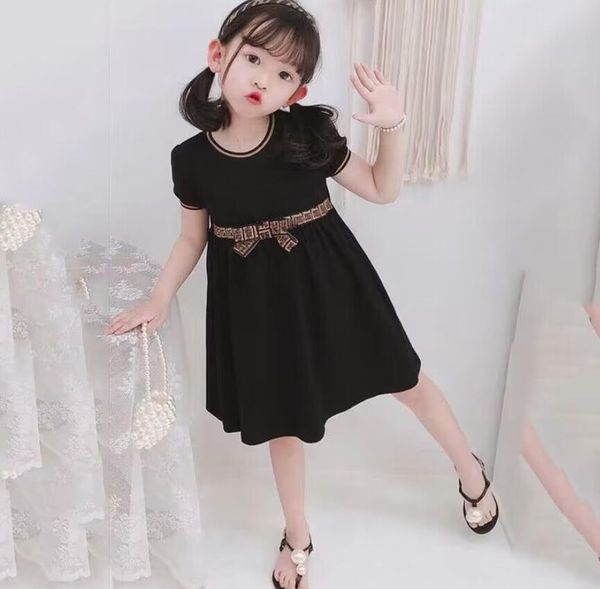 

luxury baby girls dress kids letter bowknot summer cotton short sleeve children casual designer clothing, Red;yellow
