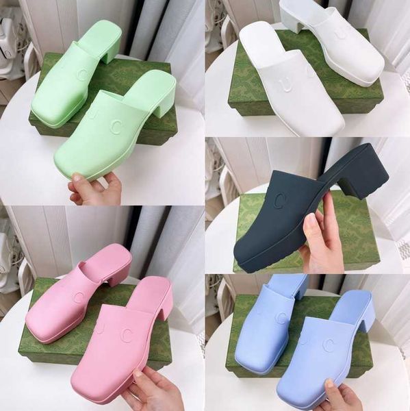 

2023 women slip on sandal thick bottom platform slides double g jelly colors square closed toe mules chunky sole block mid 5.5cm heels summe, Black